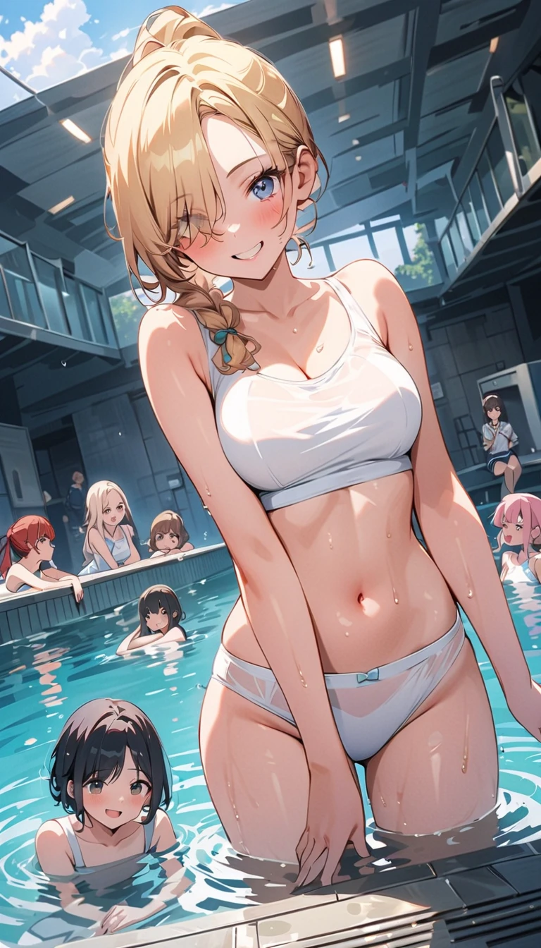 Short Hair、Blonde、Nipples、tits、swimming、Swimsuit、Insert the penis into the、Open your legs while crouching、Perfect body、Semen overflows from pussy、Surrounded by a large group of men