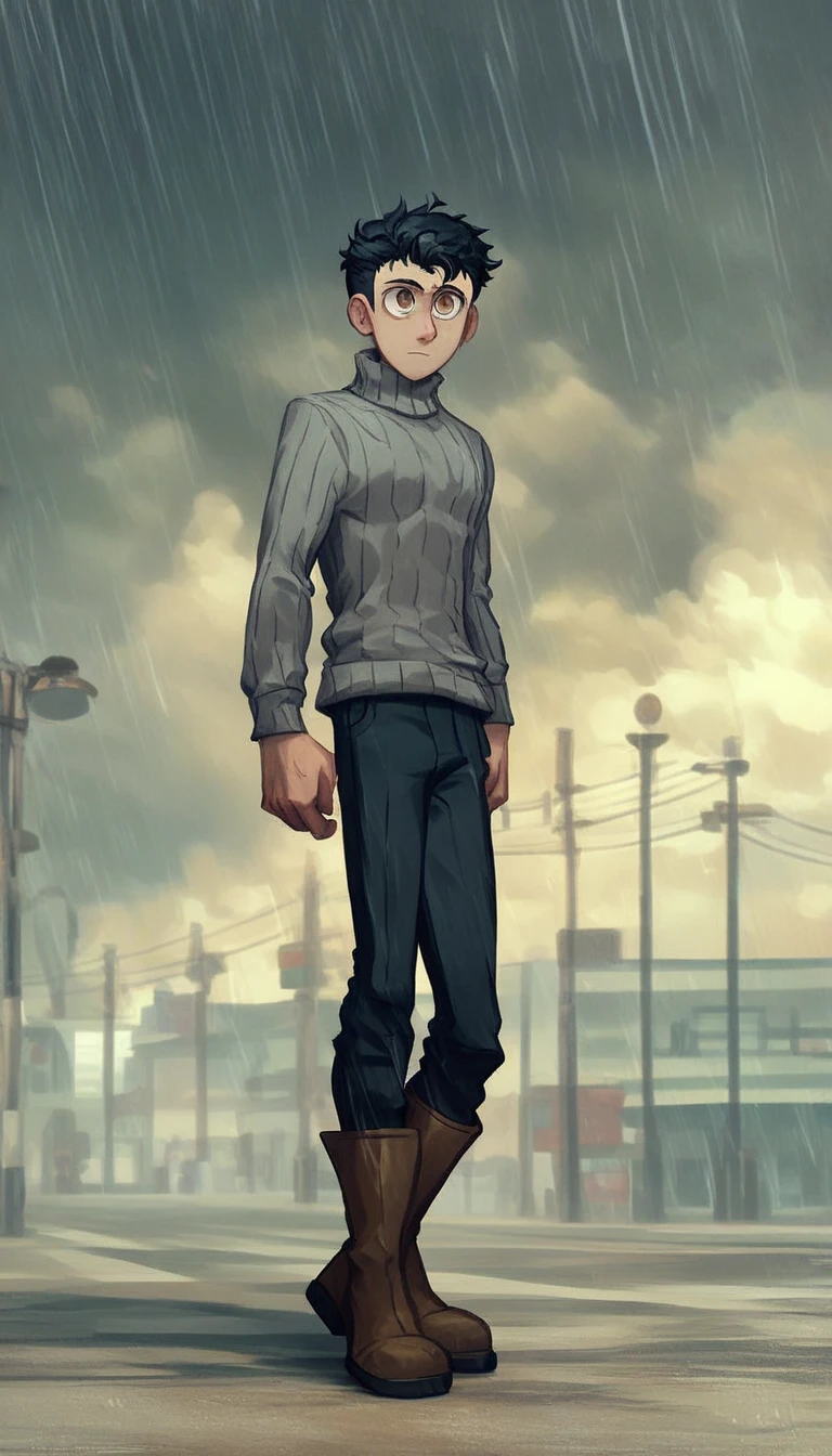  man in the rain . foto de   full body  del hombre empapado por la lluvia.   tilts his head up to look at the rain ,   rainwater flows down his face  . He is walking down the street  ,   The sky is dark  , (  Detailed  ), (((normal boy))), ((  black hair rapado)), (( shaved hair )), (calm face), (( brown boots )), (((  full body ))), ((male)), (((grey turtleneck sweater))), ((solo una persona)), (( brown eyes)), ((  black hair)), ((human))