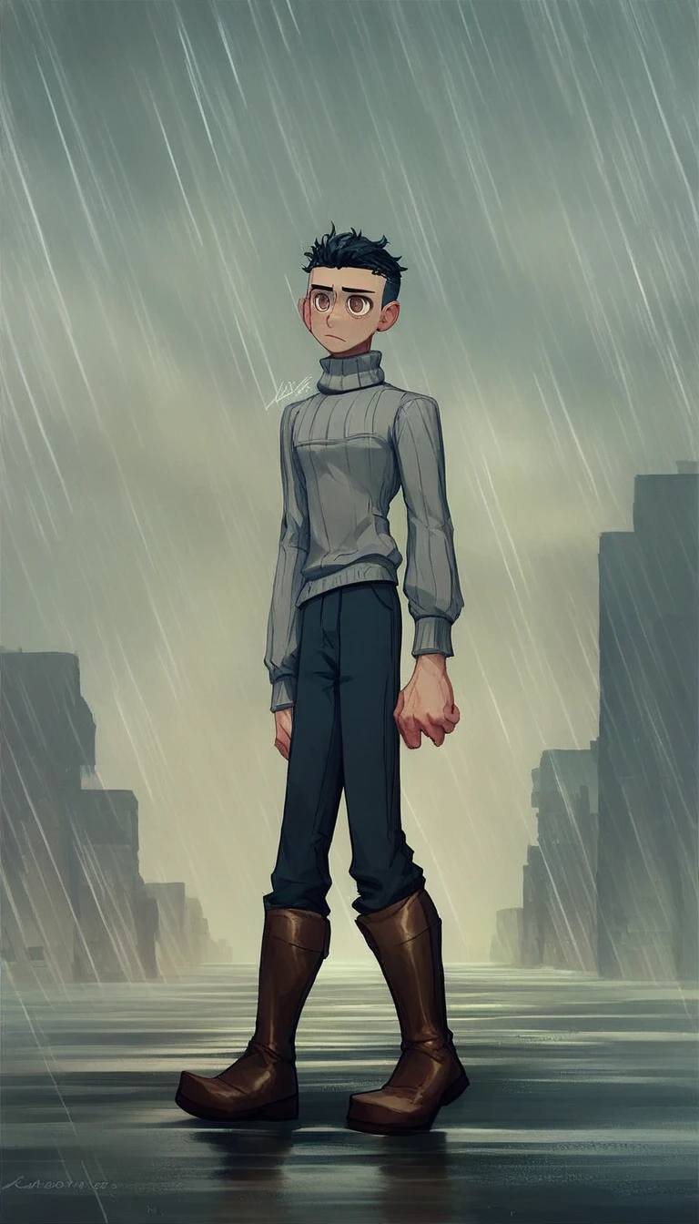  man in the rain . foto de   full body  del hombre empapado por la lluvia.   tilts his head up to look at the rain ,   rainwater flows down his face  . He is walking down the street  ,   The sky is dark  , (  Detailed  ), (((normal boy))), ((  black hair rapado)), (( shaved hair )), (calm face), (( brown boots )), (((  full body ))), ((male)), (((grey turtleneck sweater))), ((solo una persona)), (( brown eyes)), ((  black hair)), ((human))