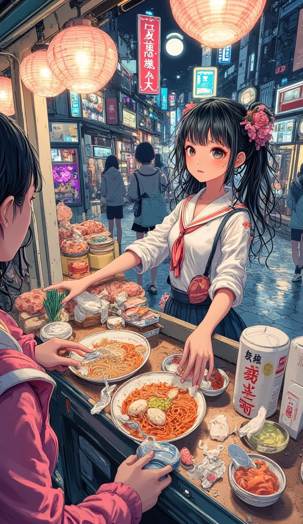 (Masterpiece, High Quality, HD, 4K, 8k, Detail), Chinese food stall, food stall owner (pretty woman) talking to customers from stall counter, customers eating noodles (pho), bright stall lights, scene of people eating, buns and food on counter, stall lights, everyone smiling and eating deliciously, (anatomically correct body, hands, fingers), nostalgic scenery, busy night street of food stall, people smiling and eating deliciously People eating, (anatomically correct body, hands, fingers), nostalgic scene, busy night street with food stalls, (overhead view: 1.3)