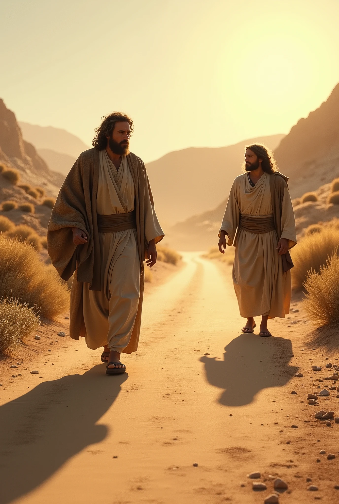 illustrations of 2 followers of Jesus walking to Emmaus, a village a few kilometers from Jerusalem on the dusty road, Fantasy comic book style, high qualiy