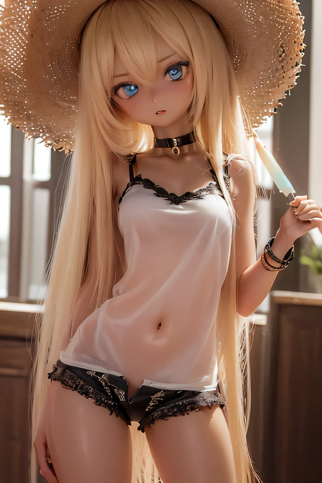 photorealistic, realistic photo, 8k, Canon EOS, ((highest quality)), ((masterpiece)), (extremely detailed), kukolnydom, doll, shiny skin, (dark skin:2), (contrapposto, head tilt, holding popsicle, straw hat, black camisole, shorts, choker, bracelet, mature woman, 21yo, 21_years_old, solo:1.6), (medium breasts, parted lips, blonde hair, long hair, two side up, looking away, blank stare, blue eyes, glass eyes, shining eyes, detailed face:1.3)