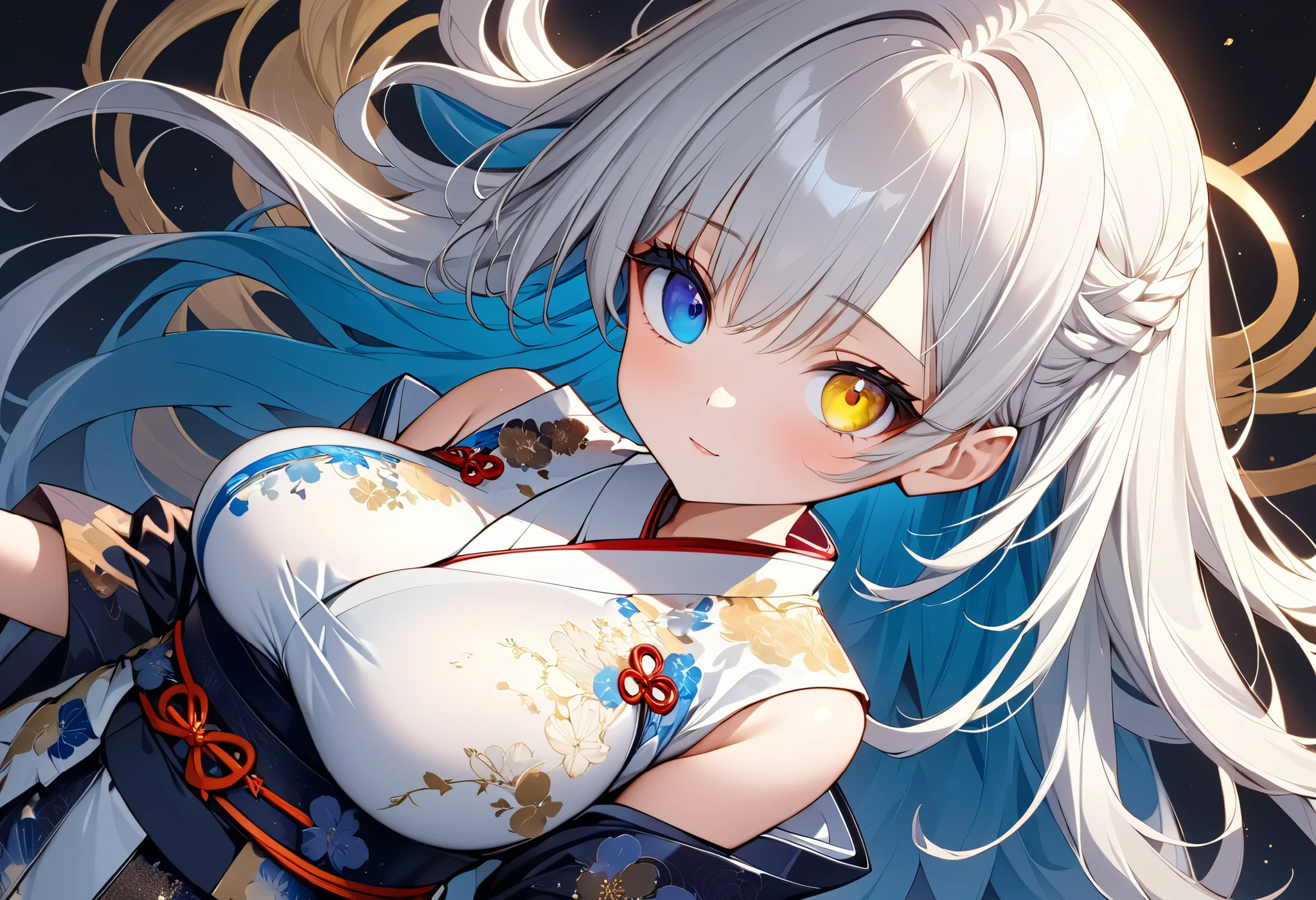 fresh illustration ,
Superfine painting,
top quality,
very delicate illustration ,
Very fine details ,
beautiful attractive anime style ,
Fascinating anime style ,
more details,
with tasteful embroidery on the belt {x} An illustration of a beautiful and sophisticated girl,
full body view,
Height: 158cm,
Fair skin,
Complete heterochromia,
large black pupils ,
beautiful eyes,
Shiny super long hair ,,
Hairstyle Random ,
The hair has gradation ,
pretty and cute face ,
Cheeks are ruddy,
Lowering the eyebrows,
since age 27,
The upper half of the body is in a traditional Japanese kimono,
lower body Nadres ,
the color of the belt with your kimono ,
The belt has a gradation ,
fine fabric clothing ,
Shoulder-width narrower shoulders,
mega breasts,
Isometric,
Golden Ratio,
god々 like atmosphere,
I'm wearing padded collar innerwear,
Match the location and weather ,,
tactical use of shadows ,
The circle of hair and head does not show the angle of view,
Clothes don't show the angle of view ,
Standing,
Long Shot,