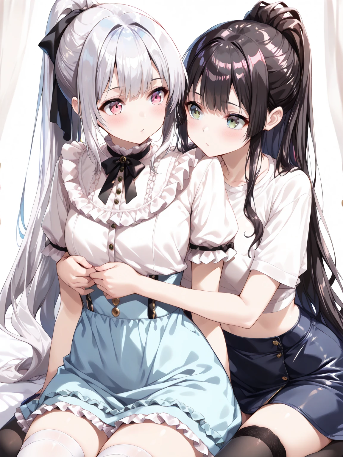 Dark Elf, 2girls, pointy ears, thighhighs, long hair, kneeling, black hair, looking at viewer, white hair