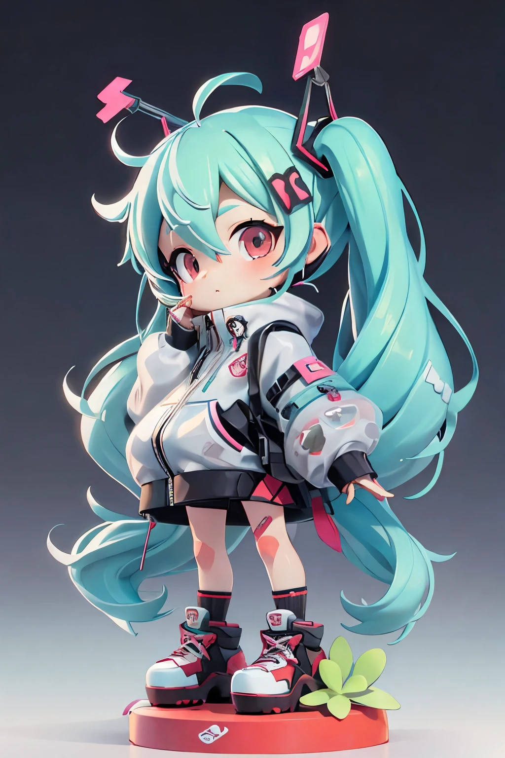 cute girl wrapped in transparent plastic(Hatsune Miku), Red Cliff, Candy Color, Simple and bright background , 3D toy , cyberpunk style, cinema4d, Octane Rendering, 3D Model, Collectible toys ,Nendoroid,Street Style,Pixar, Big Shoes , FASHION TRENDS, close-up, Full body --ar 3 :4 --q 2 50 --niji 5 --niji 5 --s 100 --style expressive --s 2