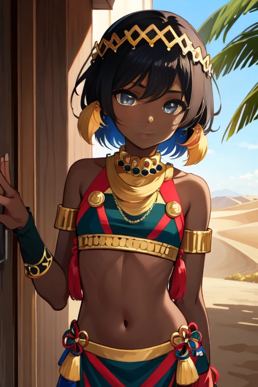 (Masterpiece: 1.2), ( top quality: 1.2),  perfect eyes,  perfect face with friends in the bedroom,  perfect lighting, photograph,  1 girl, SSAHC, Dark Skin, Lower Body, belly button, Slim abdomen,  colorful tribal costume,  headdress, dark eyed , compensate,  eyeshadow,  medium haired, oasis, desert outdoor background , reference,  professional lighting