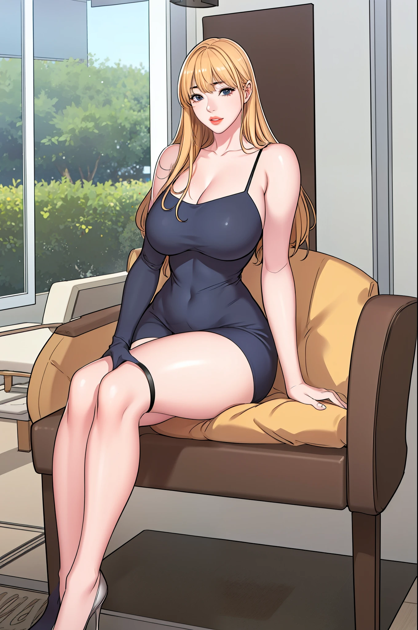 A sexy slim cute beautiful woman with blonde long hair bangs, big blue eyes, extremely fair white skin, and pink plump lips. She's wearing black sunglasses, a revealing short brown full-sleeve dress with a V neckline, and brown strappy heels. A mobile in one hand, a smile, a living room in the background, sitting on a couch legs crossed, and show full body.