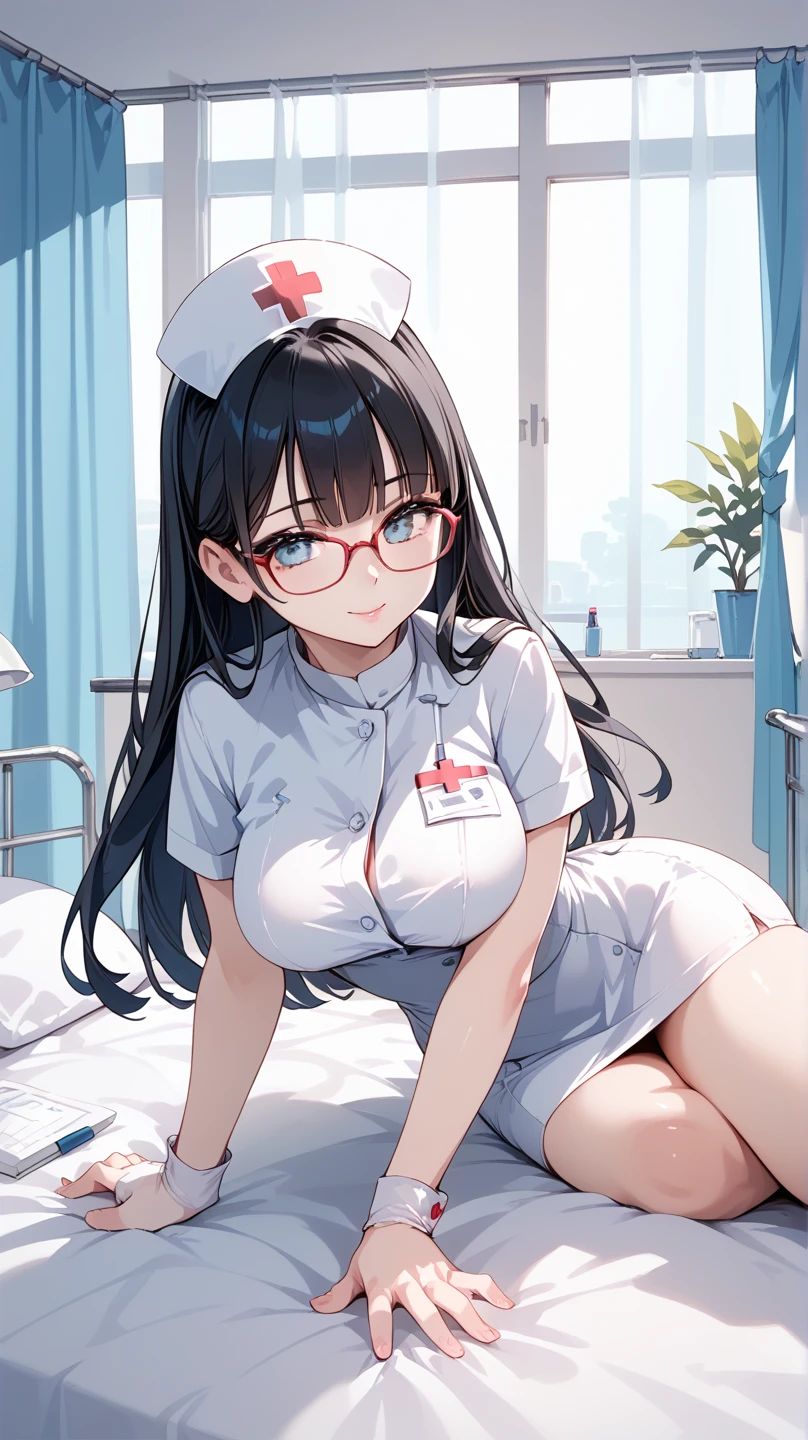 Black hair, glasses, neat and clean, nurse, pushed down on the bed,