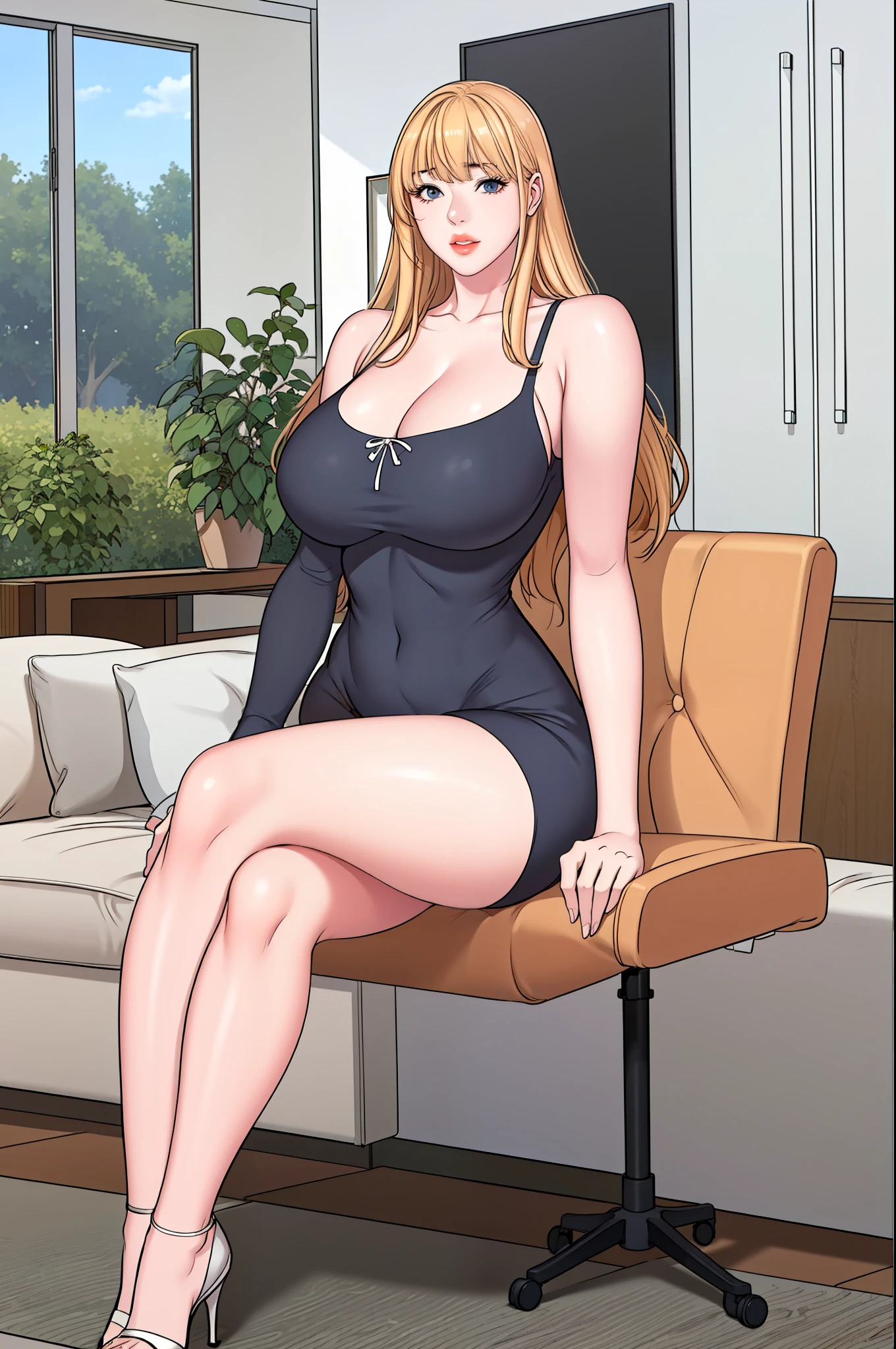 A sexy slim cute beautiful woman with blonde long hair bangs, big blue eyes, extremely fair white skin, and pink plump lips. She's wearing black sunglasses, a revealing short brown full-sleeve dress with a V neckline, and brown strappy heels. A mobile in one hand, a smile, a living room in the background, sitting on a couch legs crossed, and show full body.