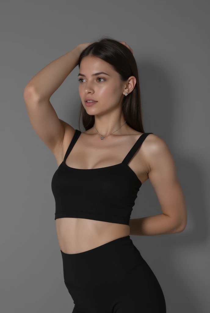 a close up of a woman in a blusa preta and jeans, black halter top, halter neck, wearing a cropped Camiseta preta, halter top, vestindo uma regata preta cortada, halter top, blusa preta, regata preta apertada, she is wearing a Camiseta preta, Camiseta preta, usando um top cropped sexy, black bra, corte superior, corte superior