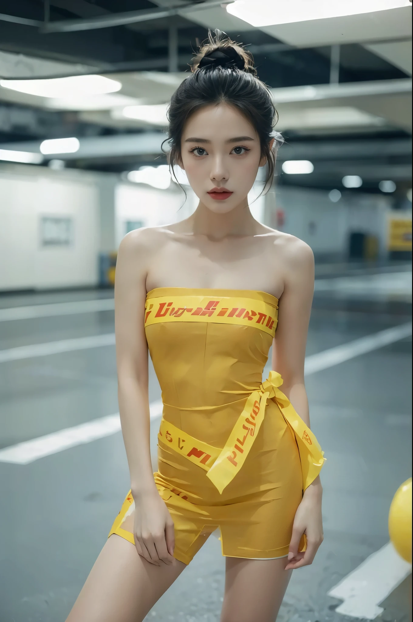(((best quality))),(((super detailed))),(((masterpiece))),illustration,1 girl,detailed face,DHL tape dress