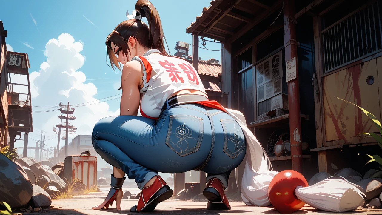   Sexy mai shiranui, UHD,   on a wasteland,  wearing a shirt and jeans, sweating, standing, crouching, from behind,