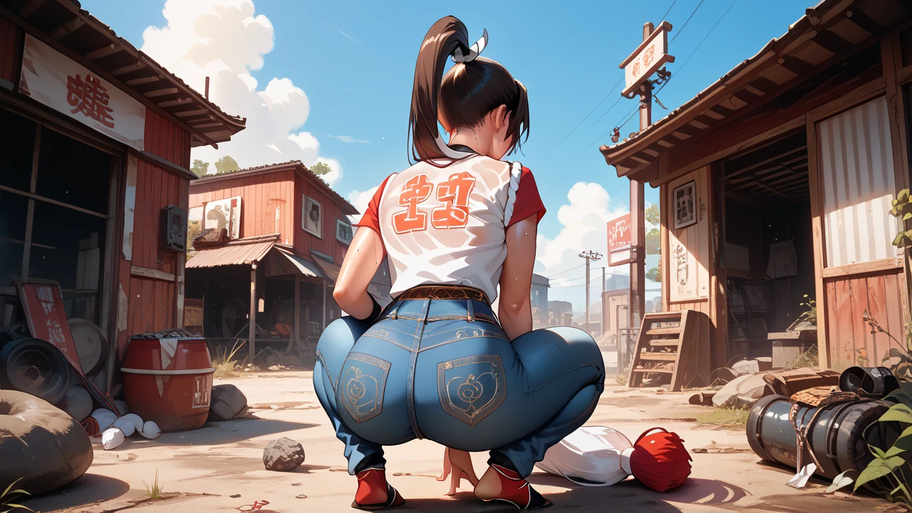   Sexy mai shiranui, UHD,   on a wasteland,  wearing a shirt and jeans, sweating, standing, crouching, from behind,