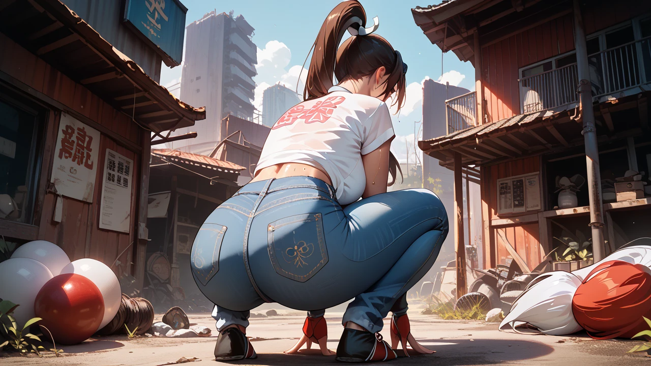   Sexy mai shiranui, UHD,   on a wasteland,  wearing a shirt and jeans, sweating, standing, crouching, from behind,