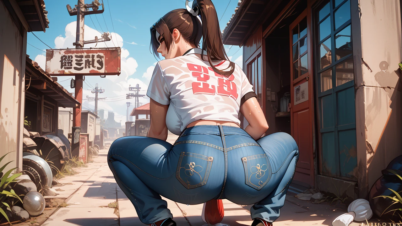   Sexy mai shiranui, UHD,   on a wasteland,  wearing a shirt and jeans, sweating, standing, crouching, from behind,