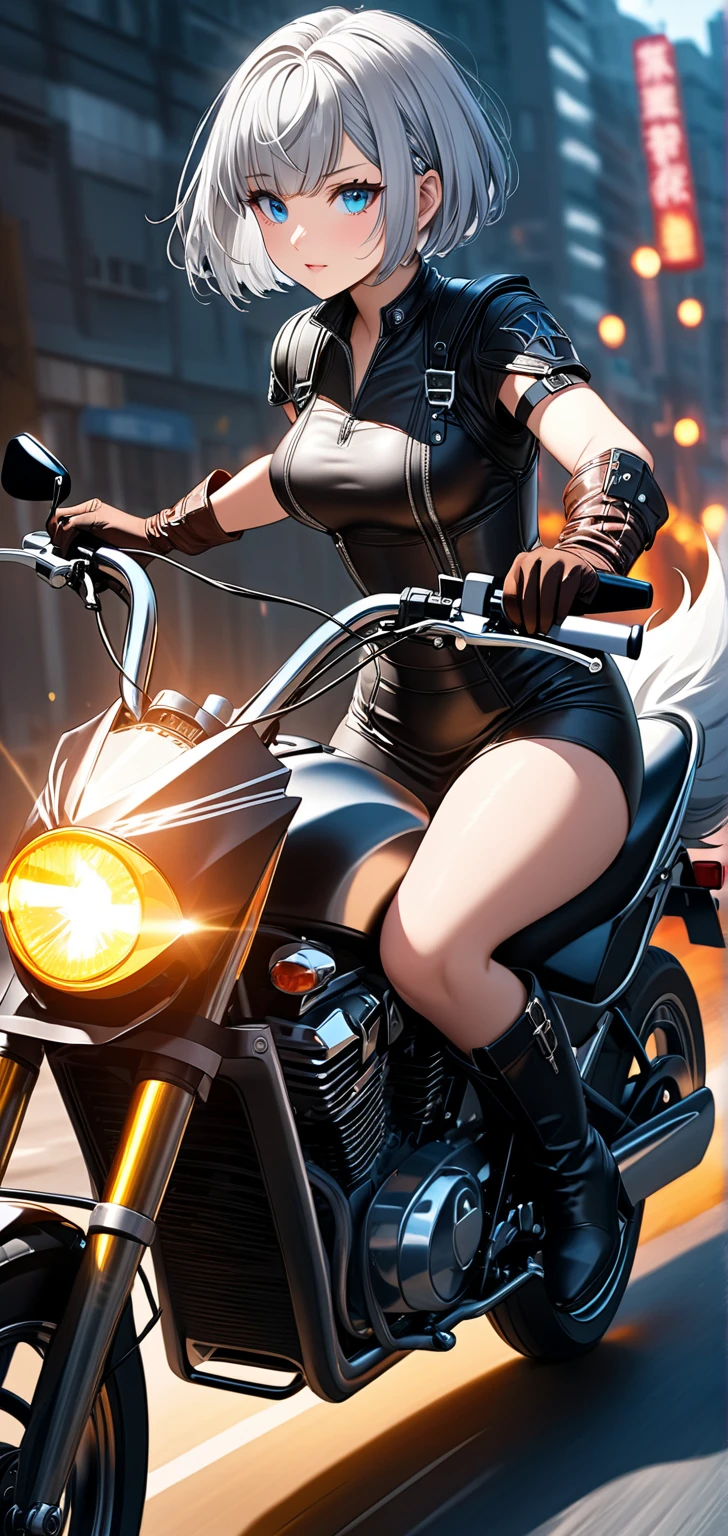THEPIT, masterpiece, best quality, 1girl, solo, ass, bike shorts, long hair, gym uniform, dark colored blazer, black hair, sky, front, outdoors, muscular legs, big tits, blake belladonna, black skin, black woman, cat ears, amber eyes, muscles, motorcycle