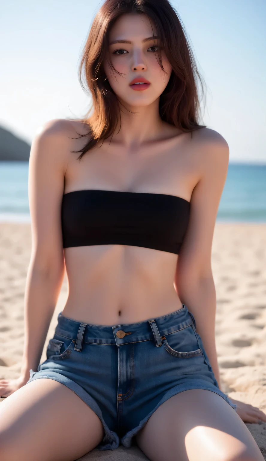  of a 25 year old woman,   I'm at the beach , sitting facing forward, two hands behind the body  , wearing a black strapless top bikini, denim skirt bottoms,  dark red lips ,  very detailed image quality 