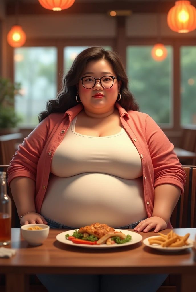 (melhor qualidade, Obra de arte, perfect lighting, florescer, cinematic lighting), vestido longo vermelho, cabelo preto, corar, cabelo curto, athletic night, volumetric lighting, Ada wong, olhando para o espectador, very fat, massive ass, fat belly, big , bbw, fat like a whale, se divertindo na mesa de comida, comendo