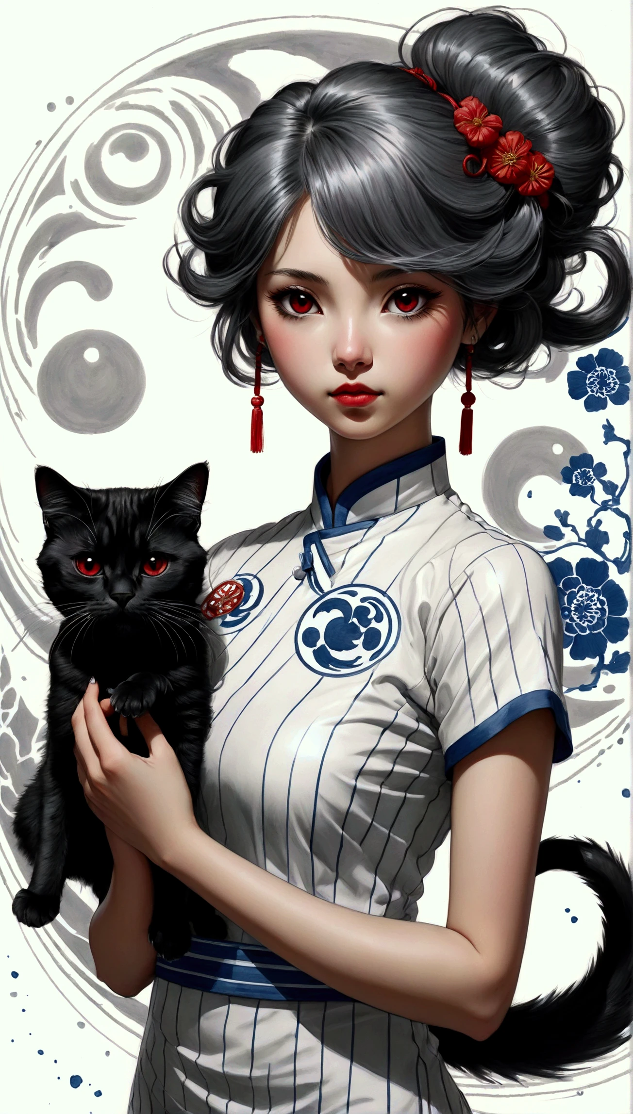 (Pencil_outline:1.2, messy lines, greyscale, Traditional media, outline),a girl, carne, Eyes red,hair with highlights, hair with highlights, Blue and white porcelain cheongsam, Black and white yin yang tai chi background, gangster girl, contra-luz, deep-shadows, silhouette cat light, Cat crouches on the shoulder of the , Charming suit with cheongsam design, minimal style, Tai Chi, Yin Yang Style, splatter paint style background., Bright dark, shine light, contra-luzing, motion lines, Carlos Larsson, ultra HD, anatomically correcte, work of art, retina, ultra HD, work of art