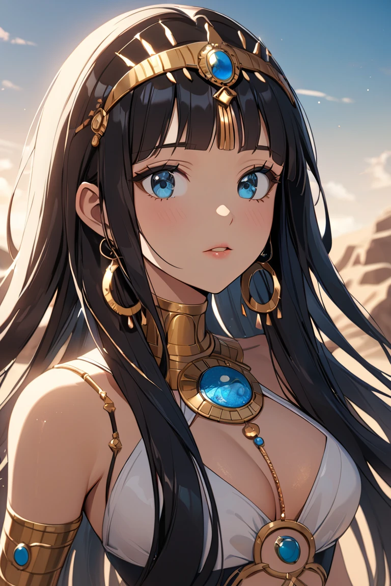 (high-quality, breathtaking),(expressive eyes, perfect face) 1girl, female, solo, young adult, dark color hair, tanned skin, pale light blue eye color, long hair length, black dress with gold trim, tunic, Greek Goddess, Ancient Greek Dress, Greek Clothes, Symmetrical Eyes, positive expression, elegant, mature, beautiful, soft smile, SunsetHuman, collar, grey background, white skin, long dark hair, beautiful face,smiling,close up upper body, moderate breast, (open mouth:0.4),illustration,detailed textures(realists),ultra-detailed,portrait style,vivid colors,soft lighting, blushing, mature, no bras, full body, white skin