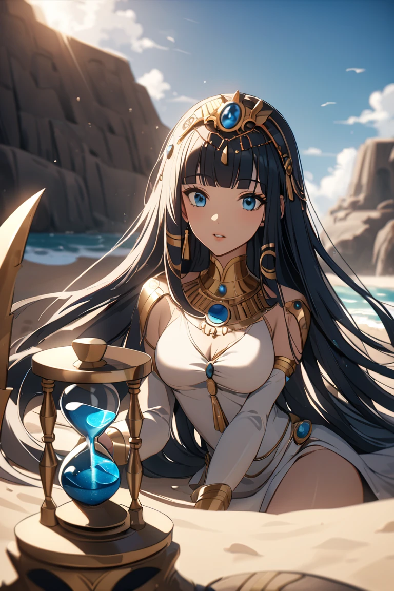  Photo of Cleopatra with natural skin,  short, rich dark hair ,  blue eyeshadow and sharp eyes, thin, Upturned nose, circlet・diadem, Well-shaped lips, Hourglass body shape, Typical attire, compensate, Exquisitely crafted down to the smallest detail ,  vibrant,  amazing on the beach, smooth,  cinematic , 4K, Backlight,  Fantasy Desert Background ,  shallow depth of field.