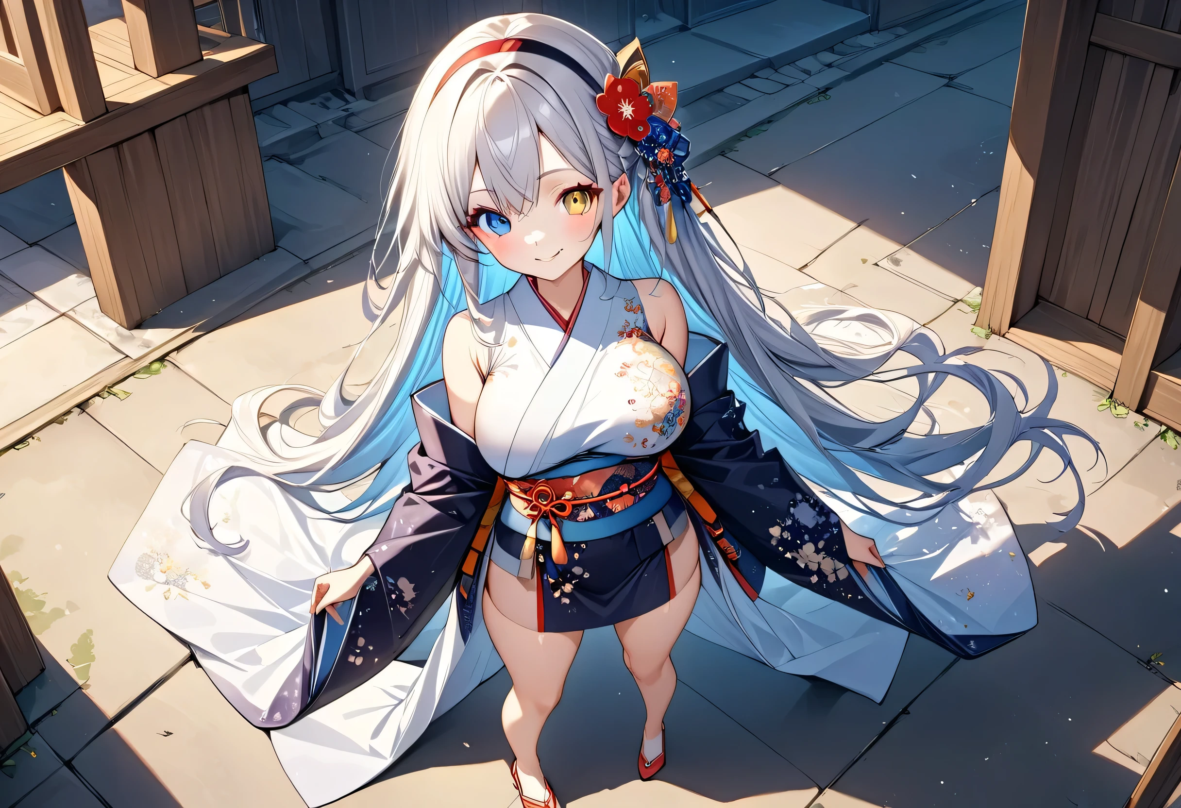 Fresh illustration,
Ultra-fine drawing,
Top quality,
Very delicate illustration,
Very fine details,
Beautiful and charming anime style,
Enchanting anime style,
Super detailed,
Beautiful and sophisticated illustration of a girl,
Full body,
Height 158cm,
Fair skin,
Complete heterochromia,
Large black pupils,
Beautiful eyes,
Super long shiny hair,,
Random hairstyle,
Random hair color,
Hair with gradient,
Beautiful and cute face,
Good cheeks,
Lower eyebrows,
Smiling,
Upper body is Japanese style and kimono,
Kimono color and pattern are random,
Lower body is Chinese dress,
Obi color should match kimono,
Tasteful embroidery on obi,
Clothes with high quality fabric,
Narrow shoulders,
Mega breasts,
isometric,
golden ratio,
wearing a stand-up collar,
location and weather conditions match,,
tactical use of shadows,
hair and headband do not extend beyond the frame,
clothes do not extend beyond the frame,
standing,
long shot,