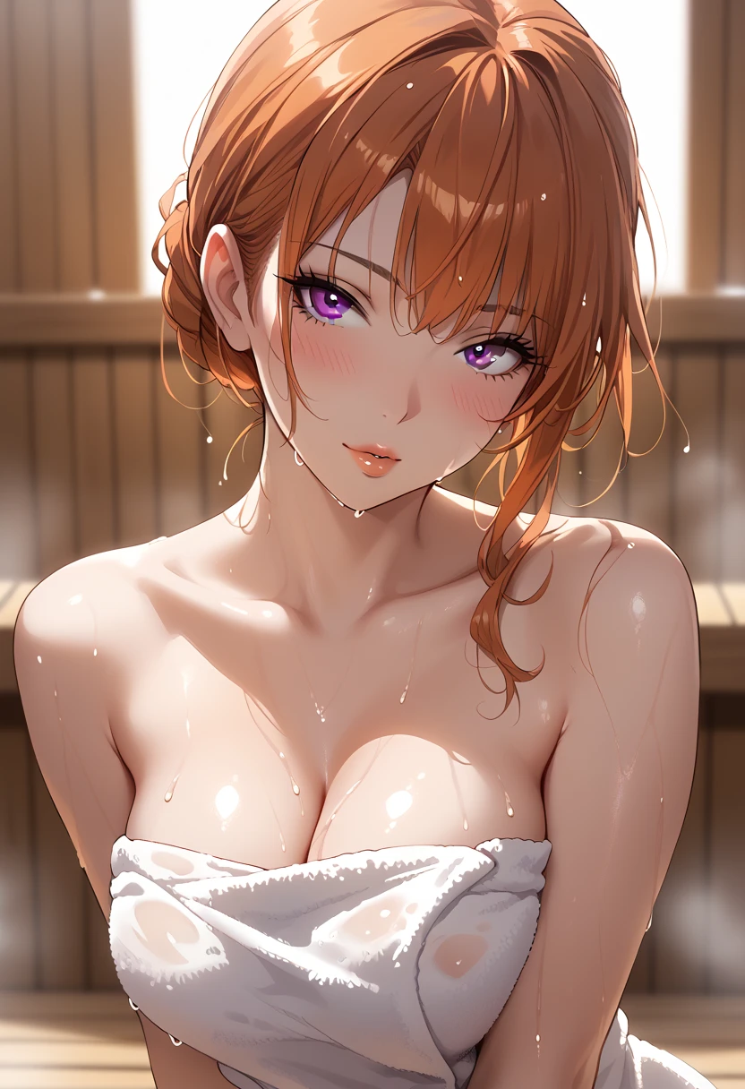  1girl, One, dutch angle,  grey eyes ,  orange hair ,  ajar lips,  style to blush, In a towel,  bare shoulders ,  thick shoulders, Wet, sauna,  seductive pose ,  looks at the viewer, (blurred background),  depth of field ,  masterpiece fails,  top quality ,  good quality , newest,  ultra quality,  highly detailed