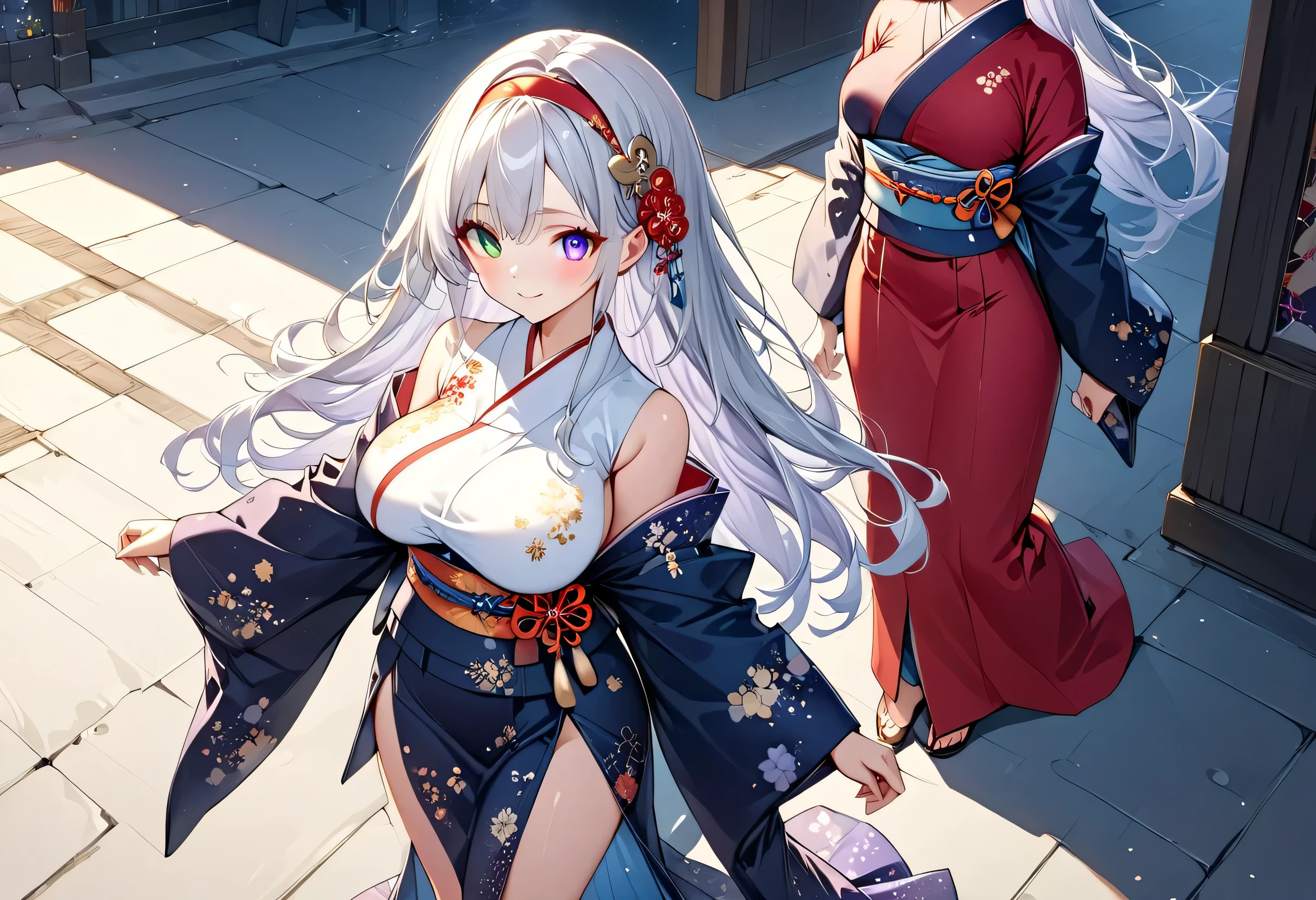 Fresh illustration,
Ultra-fine drawing,
Top quality,
Very delicate illustration,
Very fine details,
Beautiful and charming anime style,
Enchanting anime style,
Super detailed,
Beautiful and sophisticated illustration of a girl,
Full body,
Height 158cm,
Fair skin,
Complete heterochromia,
Large black pupils,
Beautiful eyes,
Super long shiny hair,,
Random hairstyle,
Random hair color,
Hair with gradient,
Beautiful and cute face,
Good cheeks,
Lower eyebrows,
Smiling,
Upper body is Japanese style and kimono,
Kimono color and pattern are random,
Lower body is Chinese dress,
Obi color should match kimono,
Tasteful embroidery on obi,
Clothes with high quality fabric,
Narrow shoulders,
Mega breasts,
isometric,
golden ratio,
wearing a stand-up collar,
location and weather conditions match,,
tactical use of shadows,
hair and headband do not extend beyond the frame,
clothes do not extend beyond the frame,
standing,
long shot,