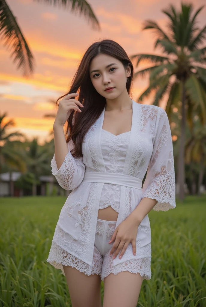 A beautiful Korean girl,slightly  fat,  dreadlocks hair,wearing white  batik kebaya and white batik bottoms medium, standing relaxed on the coconut trees, sunset.natural