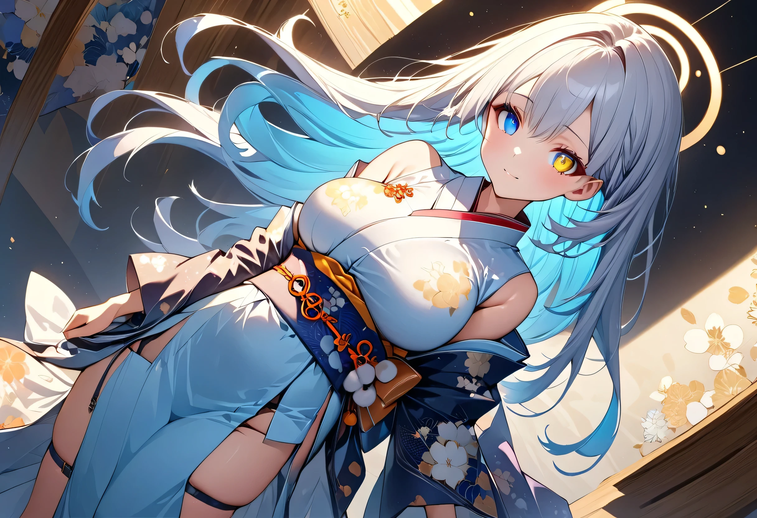 fresh illustration ,
Superfine painting,
top quality,
very delicate illustration ,
Very fine details ,
beautiful attractive anime style ,
Fascinating anime style ,
more details,
A beautiful and sophisticated illustration of one girl,
full body view,
Height: 158cm,
Fair skin,
Complete heterochromia,
large black pupils ,
beautiful eyes,
Shiny super long hair ,,
Hairstyle Random ,
Hair color is random,
The hair has gradation ,
pretty and cute face ,
Cheeks are ruddy,
Lowering the eyebrows,
since age 27,
The upper half of the body is in a traditional Japanese kimono,
Kimono colors and patterns are random ,
lower body Nadres ,
the color of the belt with your kimono ,
The belt has a gradation ,
fine fabric clothing ,
Shoulder-width narrower shoulders,
mega breasts,
Isometric,
Golden Ratio,
I'm wearing padded collar innerwear,
Match the location and weather ,,
tactical use of shadows ,
The circle of hair and head does not show the angle of view,
Clothes don't show the angle of view ,
Standing,
Long Shot,
