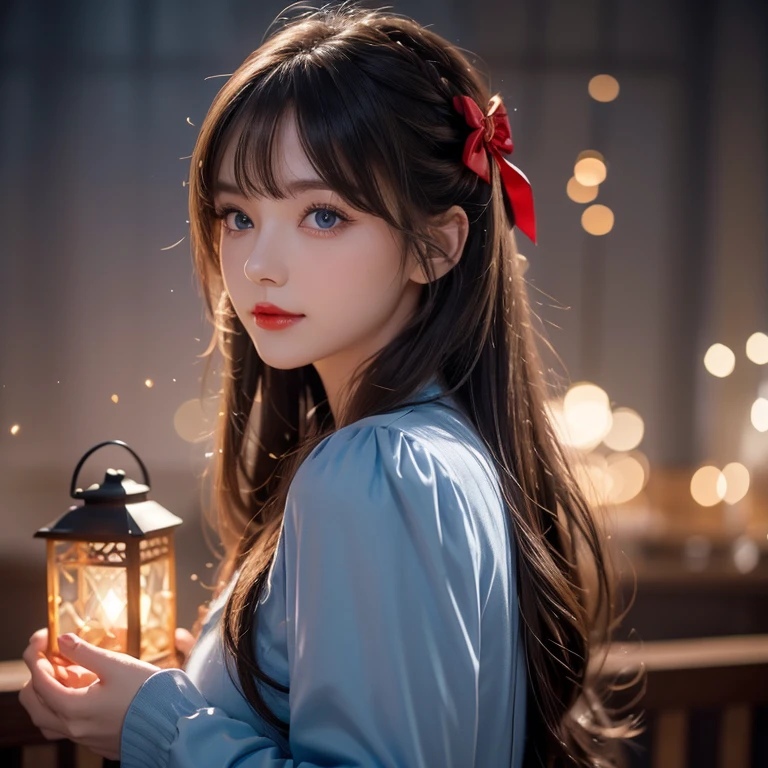 (  very elaborate and beautiful  : 1.2),  1 girl,  bangs,   blue eyes, vague, vague background, bow,    brown hair  , residence, Side View,   hair between eyes  , hair bow,  lantern,  light particles,  Long Sleeve ,   staring at the audience,    medium length hair  ,   knight , red bow,  Personal , star(symbol),   upper body,  smile,   red lips