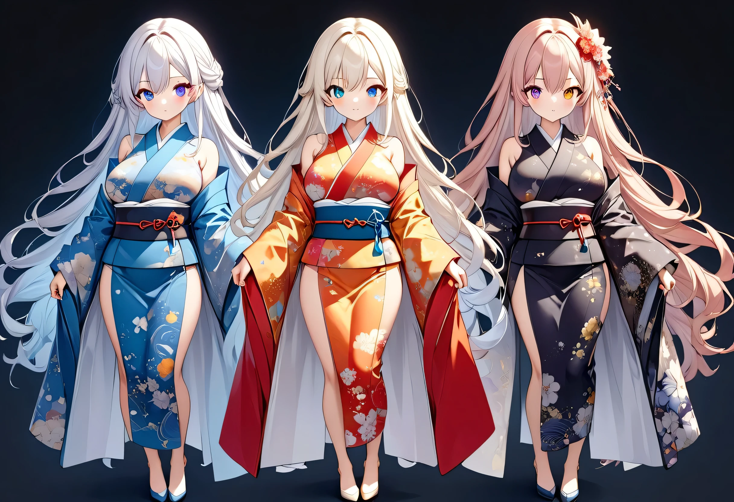fresh illustration ,
Superfine painting,
top quality,
very delicate illustration ,
Very fine details ,
beautiful attractive anime style ,
Fascinating anime style ,
more details,
A beautiful and sophisticated illustration of one girl,
full body view,
Height: 158cm,
Fair skin,
Complete heterochromia,
large black pupils ,
beautiful eyes,
Shiny super long hair ,,
Hairstyle Random ,
Hair color is random,
The hair has gradation ,
pretty and cute face ,
Cheeks are ruddy,
Lowering the eyebrows,
since age 27,
The upper half of the body is in a traditional Japanese kimono,
Kimono colors and patterns are random ,
lower body Nadres ,
the color of the belt with your kimono ,
The belt has a gradation ,
fine fabric clothing ,
Shoulder-width narrower shoulders,
mega breasts,
Isometric,
Golden Ratio,
I'm wearing padded collar innerwear,
Match the location and weather ,,
tactical use of shadows ,
The circle of hair and head does not show the angle of view,
Clothes don't show the angle of view ,
Standing,
Long Shot,