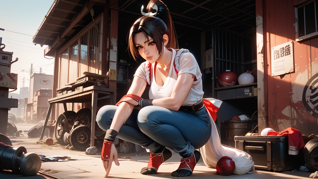   Sexy mai shiranui, UHD,   on a wasteland,  wearing a shirt and jeans, sweating, standing, crouching, 