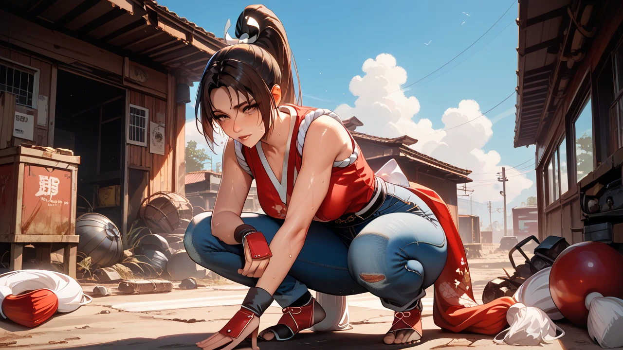   Sexy mai shiranui, UHD,   on a wasteland,  wearing a shirt and jeans, sweating, standing, crouching, 