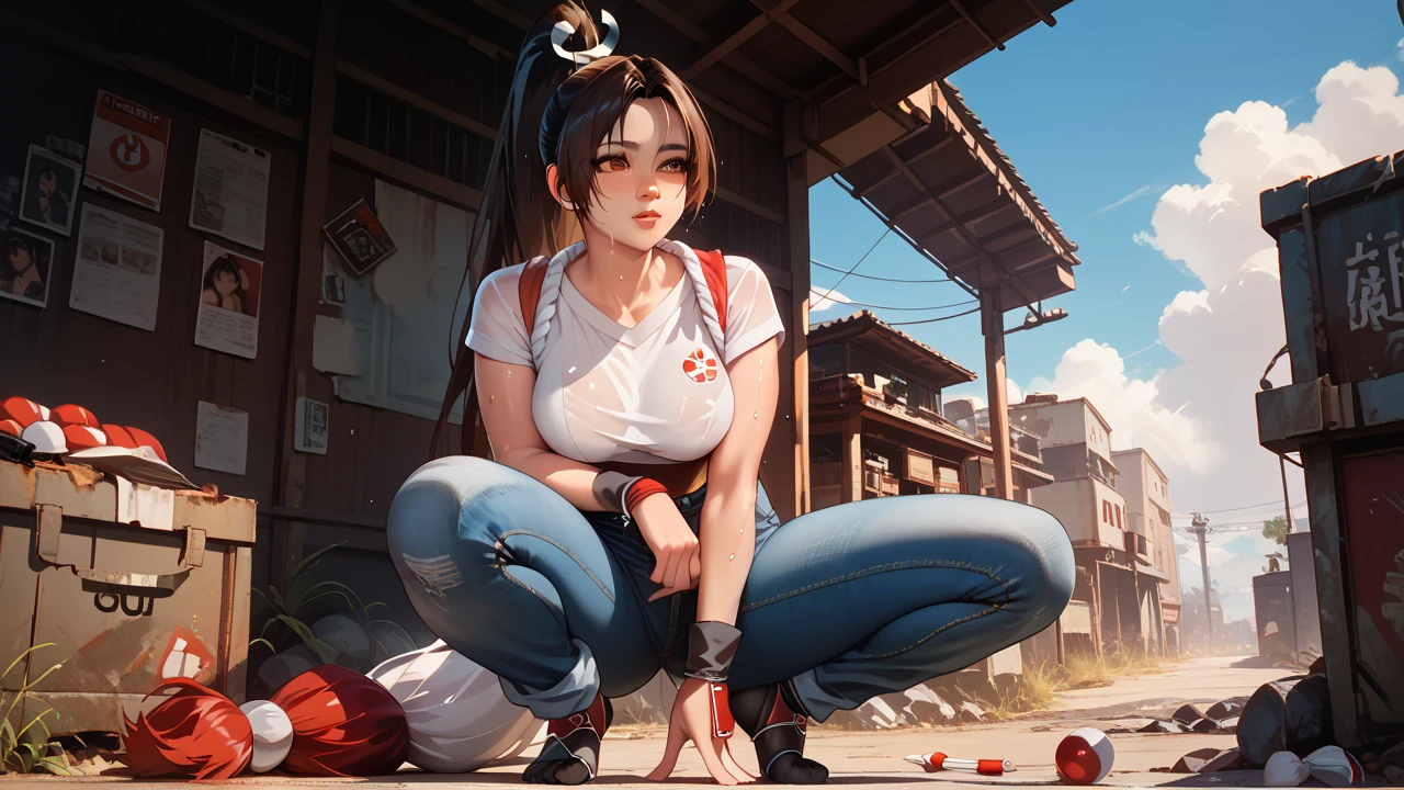   Sexy mai shiranui, UHD,   on a wasteland,  wearing a shirt and jeans, sweating, standing, crouching, 