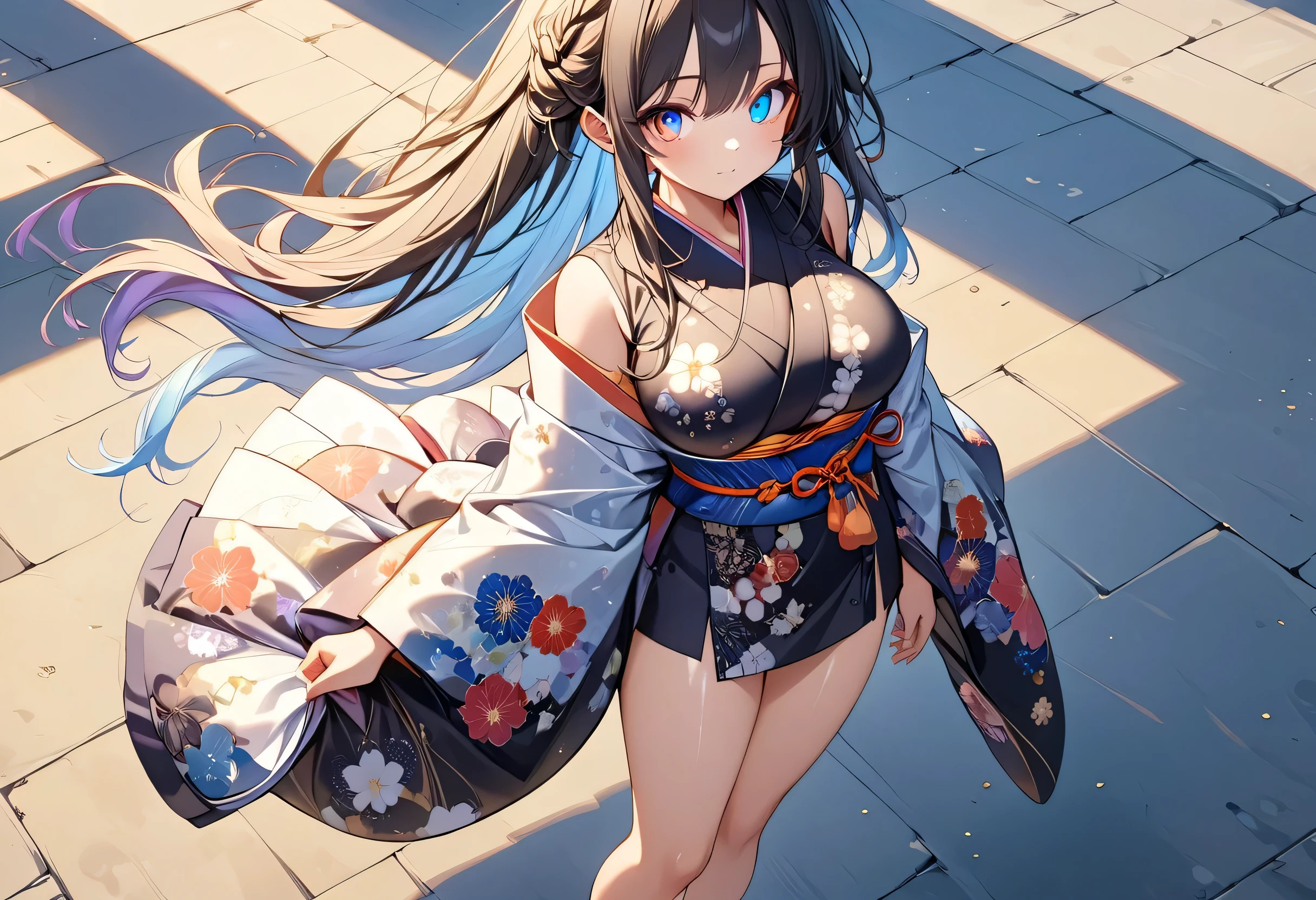 fresh illustration ,
Superfine painting,
top quality,
very delicate illustration ,
Very fine details ,
beautiful attractive anime style ,
Fascinating anime style ,
more details,
A beautiful and sophisticated illustration of one girl,
full body view,
Height: 158cm,
Fair skin,
Complete heterochromia,
large black pupils ,
beautiful eyes,
Shiny super long hair ,,
Hairstyle Random ,
Hair color is random,
The hair has gradation ,
pretty and cute face ,
Cheeks are ruddy,
Lowering the eyebrows,
since age 27,
The upper half of the body is in a traditional Japanese kimono,
Kimono colors and patterns are random ,
lower body Nadres ,
the color of the belt with your kimono ,
The belt has a gradation ,
fine fabric clothing ,
Shoulder-width narrower shoulders,
mega breasts,
Isometric,
Golden Ratio,
I'm wearing padded collar innerwear,
Match the location and weather ,,
tactical use of shadows ,
The circle of hair and head does not show the angle of view,
Clothes don't show the angle of view ,
Standing,
Long Shot,
