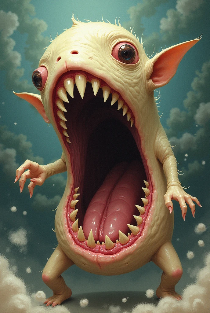 mythical creature, mixture of blobfish, mollusk and pig, dark fantasy, Full body view, Long fangs, carnivore, red eye, long blond hair