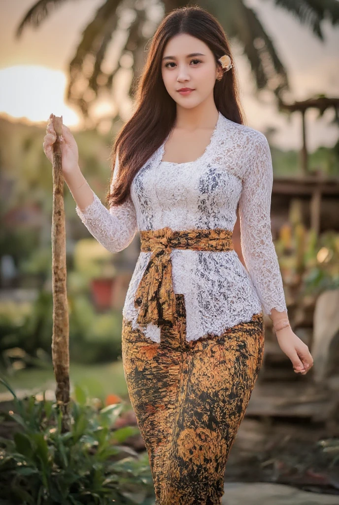 A beautiful Korean girl,slightly  fat,  dreadlocks hair,wearing white  batik kebaya and white batik bottoms medium, standing relaxed on the coconut trees, sunset.natural