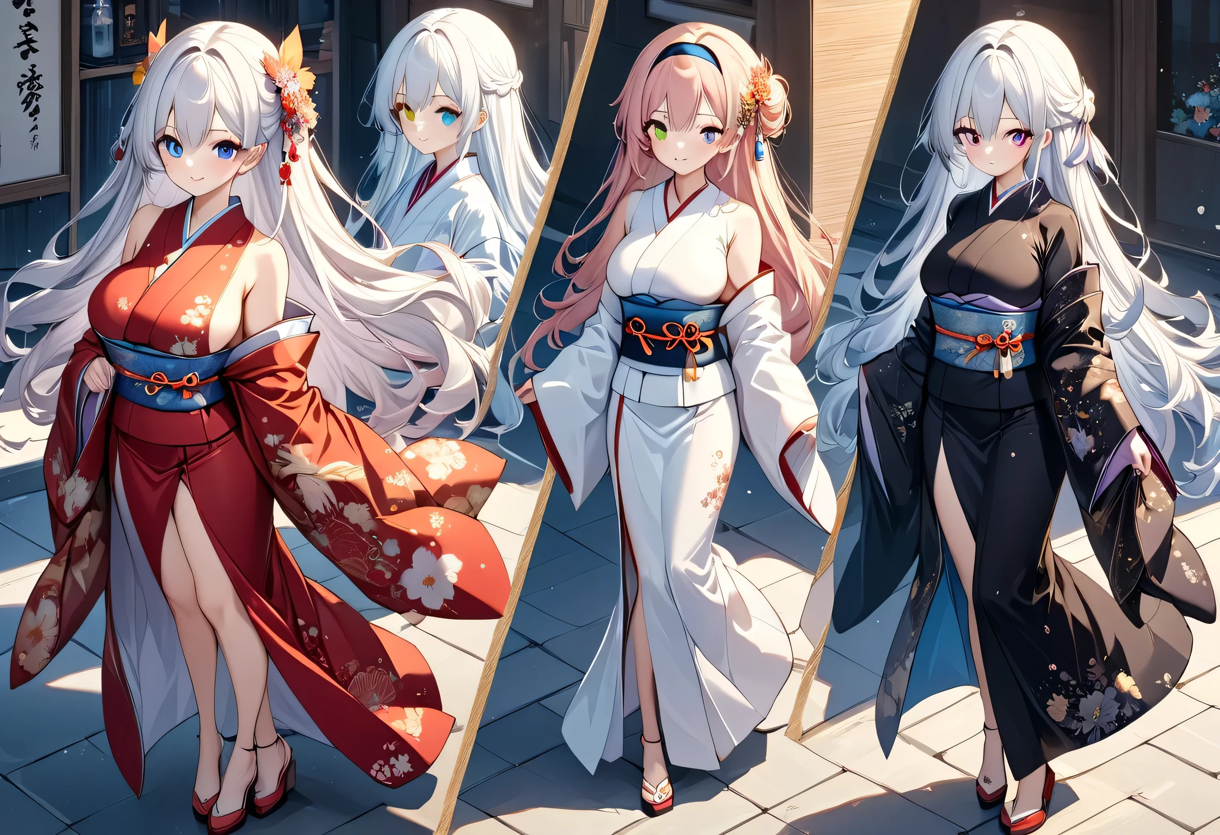 Fresh illustration,
Ultra-fine drawing,
Top quality,
Very delicate illustration,
Very fine details,
Beautiful and charming anime style,
Enchanting anime style,
Super detailed,
Beautiful and sophisticated illustration of a girl,
Full body,
Height 158cm,
Fair skin,
Complete heterochromia,
Large black pupils,
Beautiful eyes,
Super long shiny hair,,
Random hairstyle,
Random hair color,
Hair with gradient,
Beautiful and cute face,
Good cheeks,
Lower eyebrows,
Smiling,
Upper body is Japanese style and kimono,
Kimono color and pattern are random,
Lower body is Chinese dress,
Obi color should match kimono,
Tasteful embroidery on obi,
Clothes with high quality fabric,
Narrow shoulders,
Mega breasts,
isometric,
golden ratio,
wearing a stand-up collar,
location and weather conditions match,,
tactical use of shadows,
hair and headband do not extend beyond the frame,
clothes do not extend beyond the frame,
standing,
long shot,