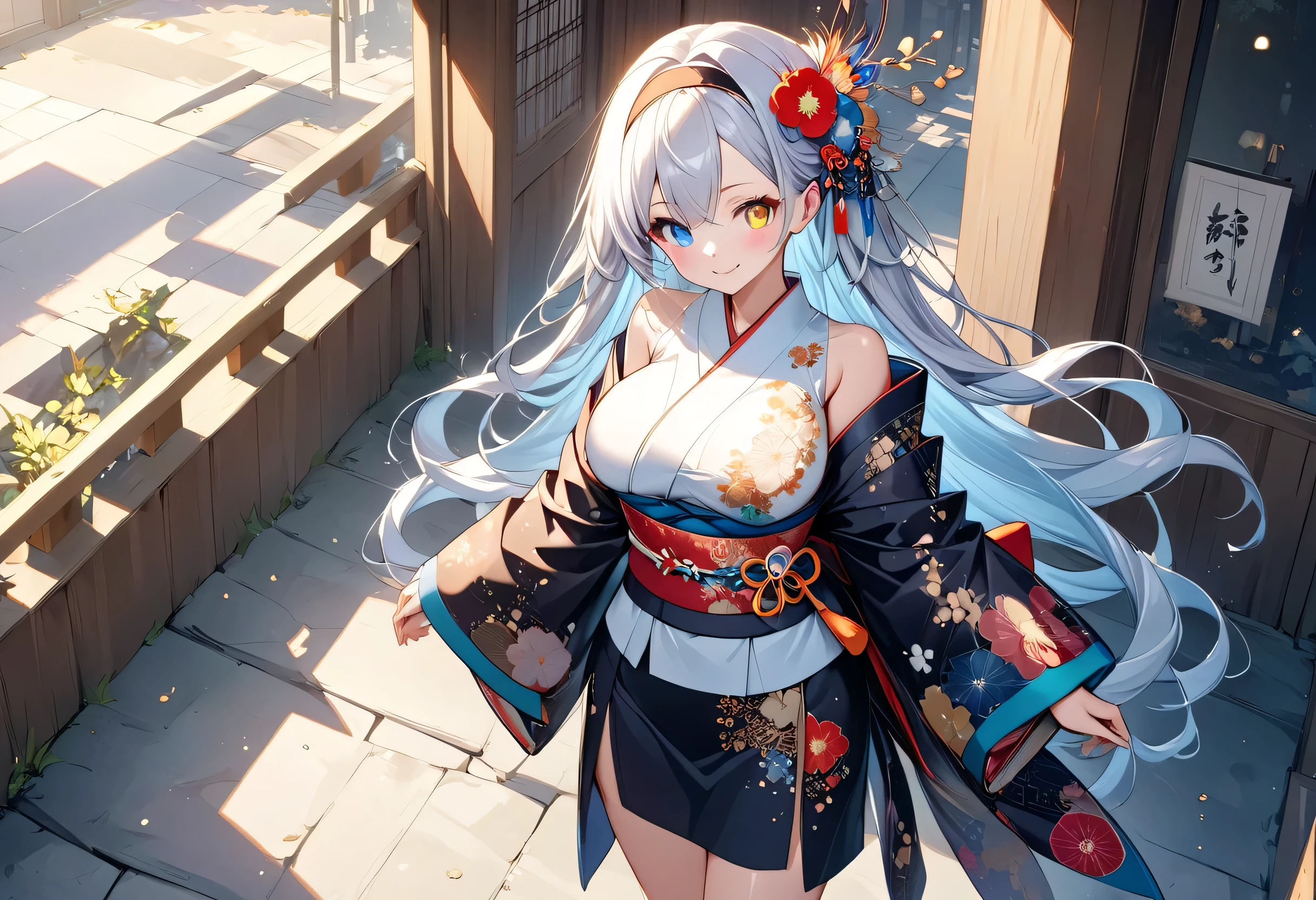 Fresh illustration,
Ultra-fine drawing,
Top quality,
Very delicate illustration,
Very fine details,
Beautiful and charming anime style,
Enchanting anime style,
Super detailed,
Beautiful and sophisticated illustration of a girl,
Full body,
Height 158cm,
Fair skin,
Complete heterochromia,
Large black pupils,
Beautiful eyes,
Super long shiny hair,,
Random hairstyle,
Random hair color,
Hair with gradient,
Beautiful and cute face,
Good cheeks,
Lower eyebrows,
Smiling,
Upper body is Japanese style and kimono,
Kimono color and pattern are random,
Lower body is Chinese dress,
Obi color should match kimono,
Tasteful embroidery on obi,
Clothes with high quality fabric,
Narrow shoulders,
Mega breasts,
isometric,
golden ratio,
wearing a stand-up collar,
location and weather conditions match,,
tactical use of shadows,
hair and headband do not extend beyond the frame,
clothes do not extend beyond the frame,
standing,
long shot,