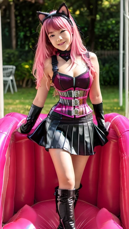 Asian teen solo with pink hair, straight hair, slim model, latex corset pink black , latex pleated skirt pink black, latex arm warmers, knee high latex boots, cat ears, bouncy castle
