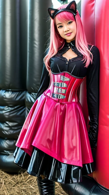 Asian teen solo with pink hair, straight hair, slim model, latex corset pink black , latex pleated skirt pink black, latex arm warmers, knee high latex boots, cat ears, bouncy castle
