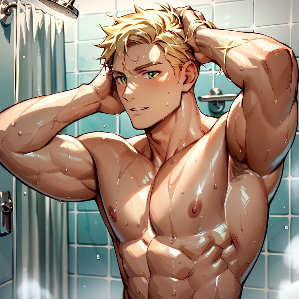 A young blond adult nude male with huge squishy sagging pecs is showering erotically while squeezing his sagging pecs, NSFW, hentai, ((his huge sagging manly breasts are pressing against shower glass))