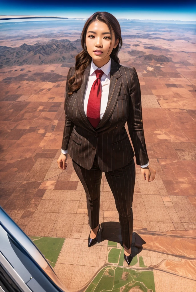 Giga Giantess art 1:4, two highly detailed giga giantess, ginger hair, curvy bbw woman full body view, 10000 miles tall giga giantess, giga giantess so massive the world is very small to her, huge breasts, red pinstriped suit with trouser and blazer, white tailored shirt done up thick and very large Windsor knot tie, ties length reaches just passed the top of trousers, Has long full wavy ponytail, Wearing a pair of  polished round toe court heels Professional attire A look of enjoyment, Beautiful appearance, smile, horny (view from the ground)giga goddess, full body view, standing striaght, stomping on very tiny but massive continent, facing towards camera