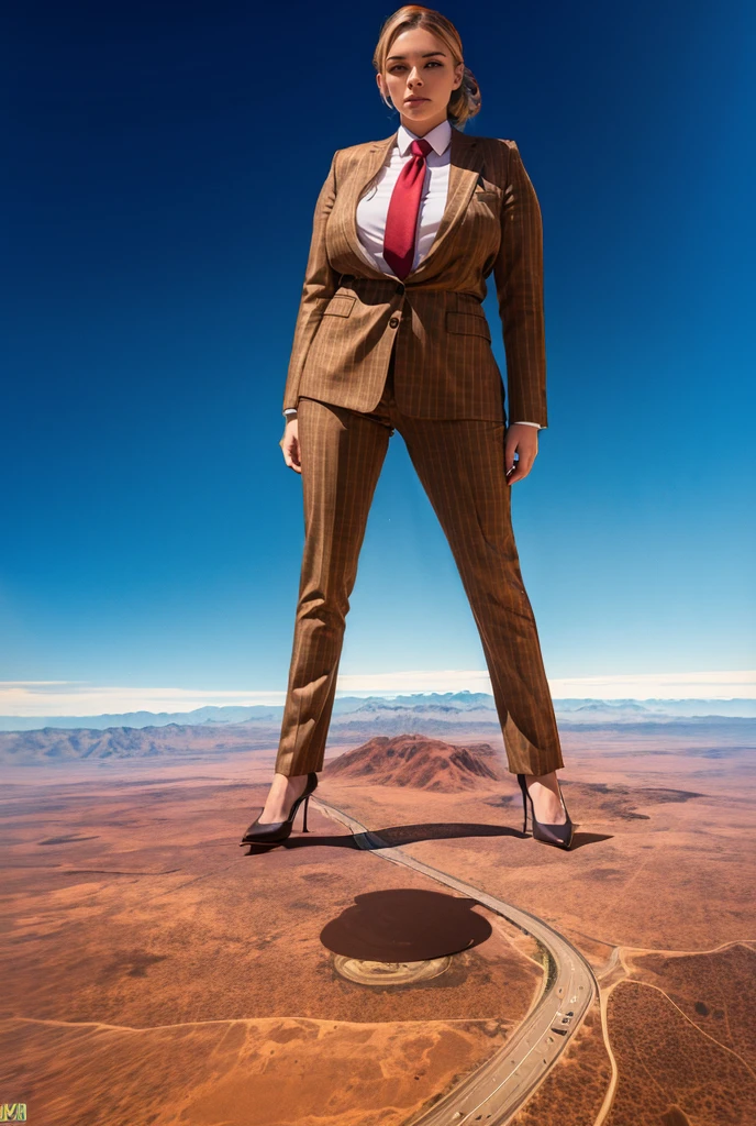 Giga Giantess art 1:4, two highly detailed giga giantess, ginger hair, curvy bbw woman full body view, 10000 miles tall giga giantess, giga giantess so massive the world is very small to her, huge breasts, red pinstriped suit with trouser and blazer, white tailored shirt done up thick and very large Windsor knot tie, ties length reaches just passed the top of trousers, Has long full wavy ponytail, Wearing a pair of  polished round toe court heels Professional attire A look of enjoyment, Beautiful appearance, smile, horny (view from the ground)giga goddess, full body view, standing striaght, stomping on very tiny but massive continent, facing towards camera