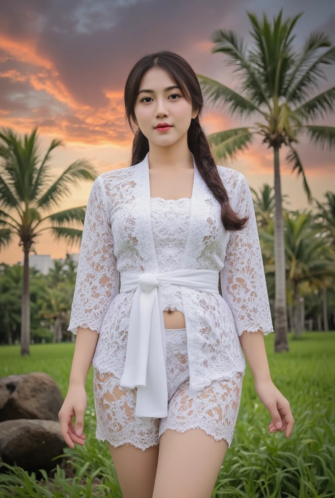 A beautiful Korean girl,slightly  fat,  dreadlocks hair,wearing white  batik kebaya and white batik bottoms medium, standing relaxed on the coconut trees, sunset.natural