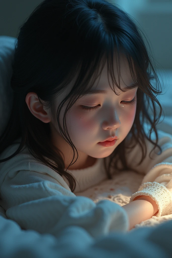 A sleeping girl, looking at her feet