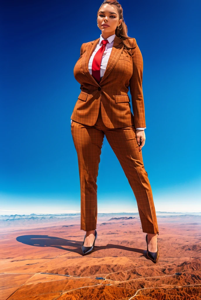 Giga Giantess art 1:4, two highly detailed giga giantess, ginger hair, curvy bbw woman full body view, 10000 miles tall giga giantess, giga giantess so massive the world is very small to her, huge breasts, red pinstriped suit with trouser and blazer, white tailored shirt done up thick and very large Windsor knot tie, ties length reaches just passed the top of trousers, Has long full wavy ponytail, Wearing a pair of  polished round toe court heels Professional attire A look of enjoyment, Beautiful appearance, smile, horny (view from the ground)giga goddess, full body view, standing striaght, stomping on very tiny but massive continent, facing towards camera