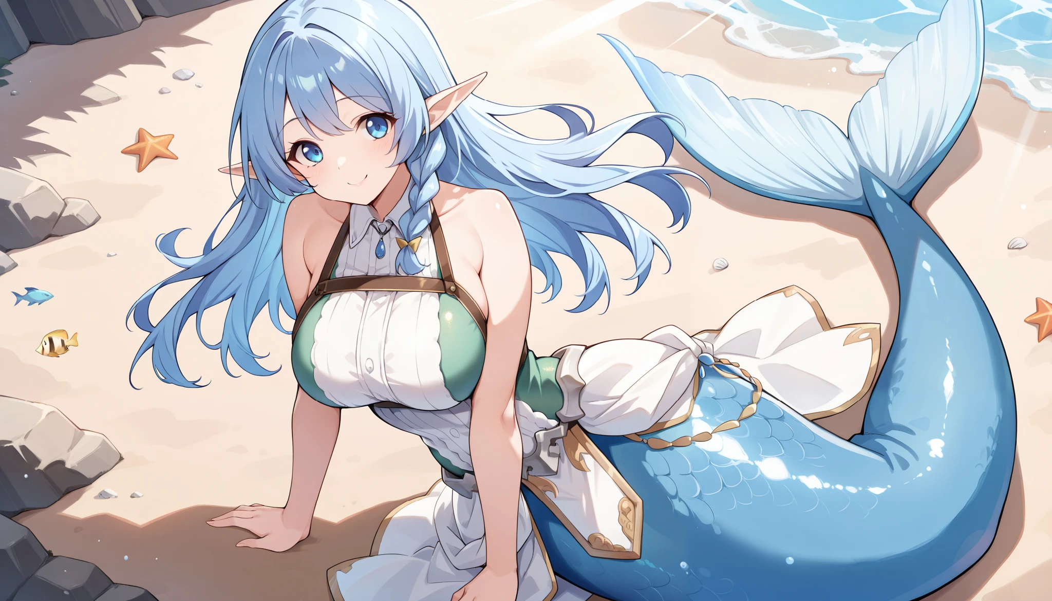 pointy ears, anime style, masterpiece, accurate, textured skin, high quality, best quality, highres, high details, super detail, elf, gorgeous adult woman, long neck, long blue hair, bangs, perfect eyes, cleavage, soft light, high quality, 4k resolution, Swimsuit, beach, Beach umbrellas, beach chairs