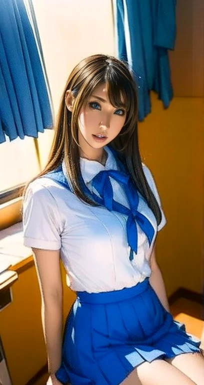 A blue Asian woman in a strict uniform in a white uniform poses on a bench,  japanese schoolgirl uniform , Japanese School Uniform, Japanese School Uniformを着ている,  the principal is wearing a uniform  , 超 Comics about high school girls  , a hyper Comics about high school girls  , Strict uniform-clad , Puella Magi uniform  ,  girl in uniform , Comics about high school girls  , Seifuku,  realistic young gravure idol
